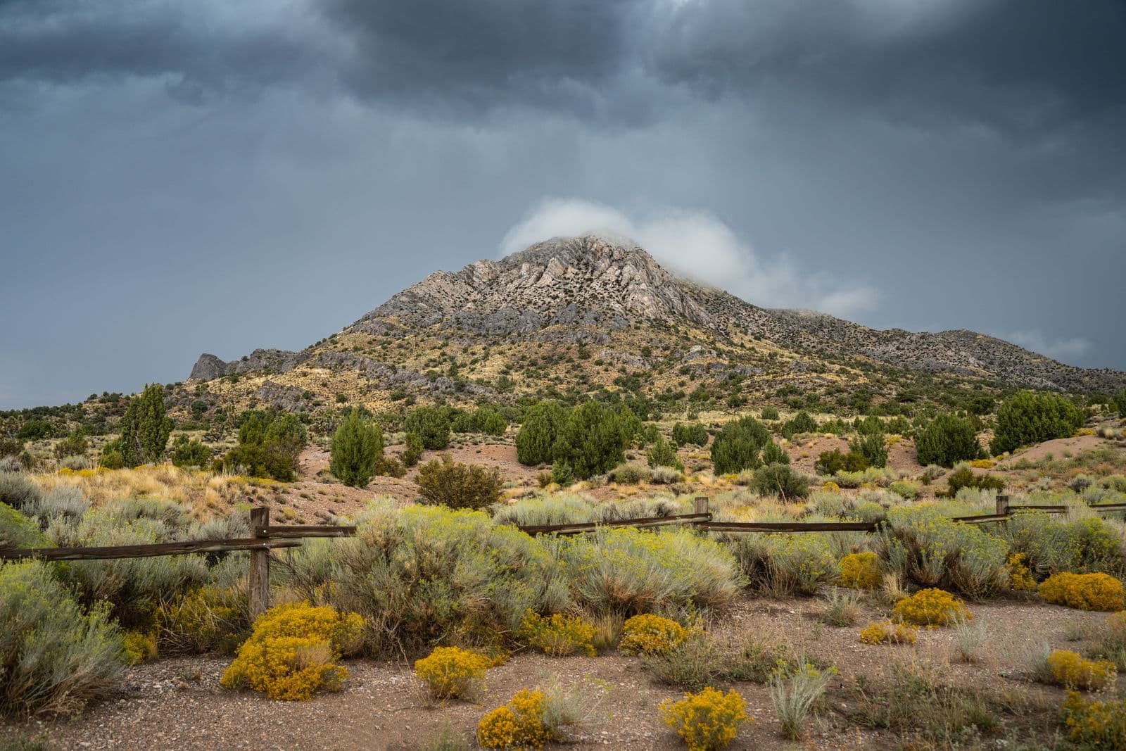Rocky Nevada foothill peak under storm clouds with rabbitbrush and juniper in the foreground, typical terrain on the edge of Carson City.